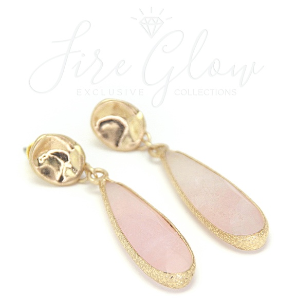 Long Teardrop Rose Quartz Earrings Hammered Metal - Picture 3 of 6